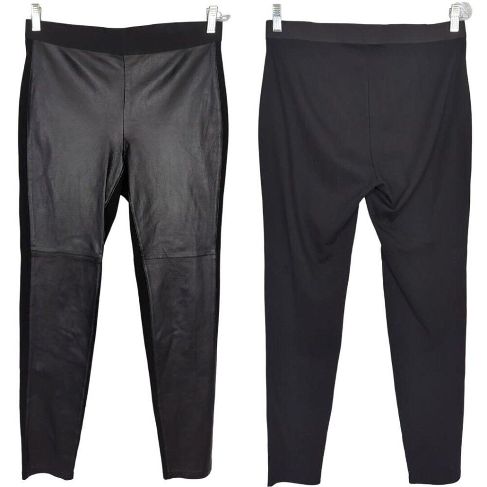 Eileen Fisher S/P Black Lamb Leather Front Panel Ponte Pull On Pants Tights‎
